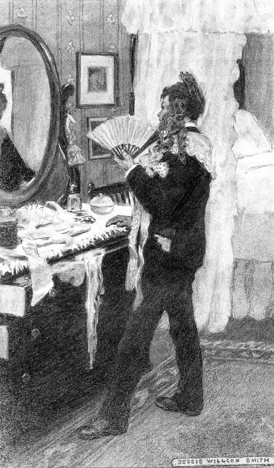 a Jessie Wilcox Smith illustration of a teen boy exploring a wig and fan at a woman's vanity mirror