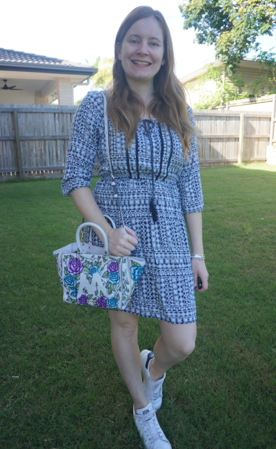 navy blue tile print boho dress sneakers floral print bag | awayfromblue