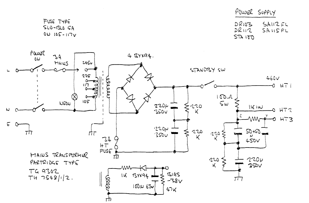 100 watt Hiwatt amplifier model DR 103 power supply schematic circuit diagram - Electronik ...