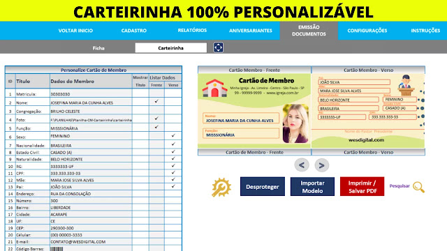 Planilha Carteirinha de Membros