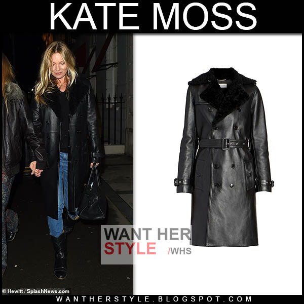 Kate Moss in black leather trench coat