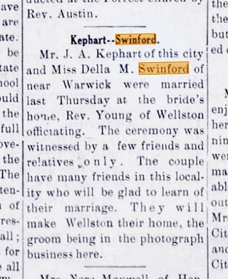 John A Kephart Weds Della M Swinford Wellston Oklahoma