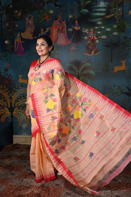 Peach cotton moirang phee with jamdani rose motifs on pallu