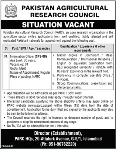 Pakistan Agricultural Research Council Management Jobs In Islamabad 2024