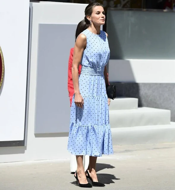 Queen Letizia wore a new blue polka-dot sleeveless midi dress by & Me Unlimited. And Me Unlimited Gabriela Dress