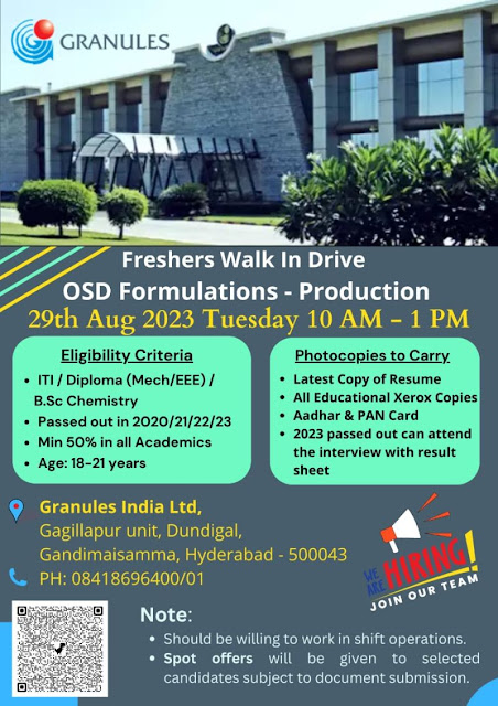 Granules India Ltd Walk In Drive For Freshers - OSD Formulations - Production