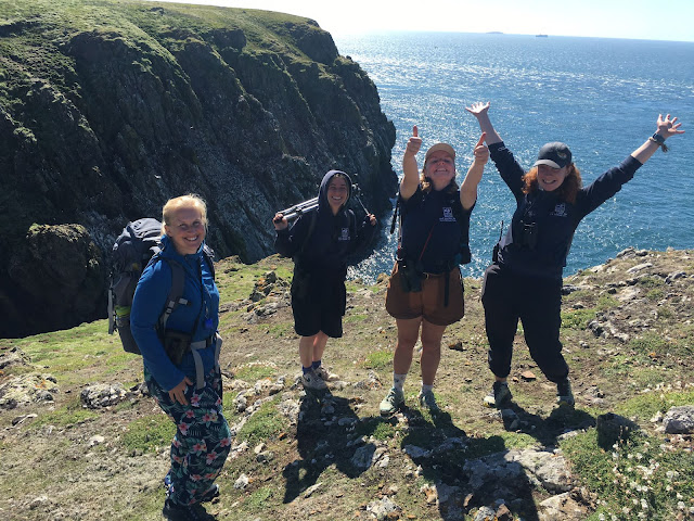 Four people smiling against a coastal backdrop. Two have their arms in the air.