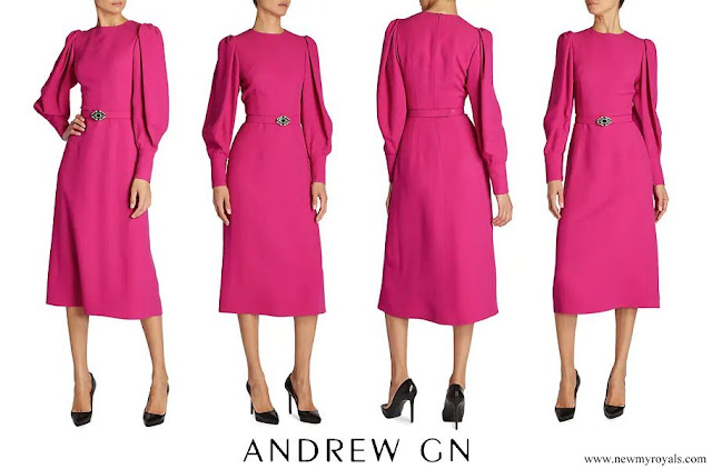 Princess Salma wore ANDREW GN Crystal Belted Puff Sleeve Midi Dress