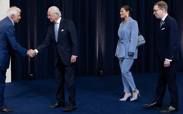 Crown Princess Victoria wore a light blue Ayden blazer by Andiata. Andiata Area light blue trousers