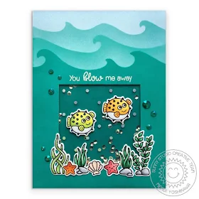 Sunny Studio Stamps: Best Fishes Blowfish Sequin Bubbles Shaker Card with Wave Background (using Catch A Wave dies as a mask)