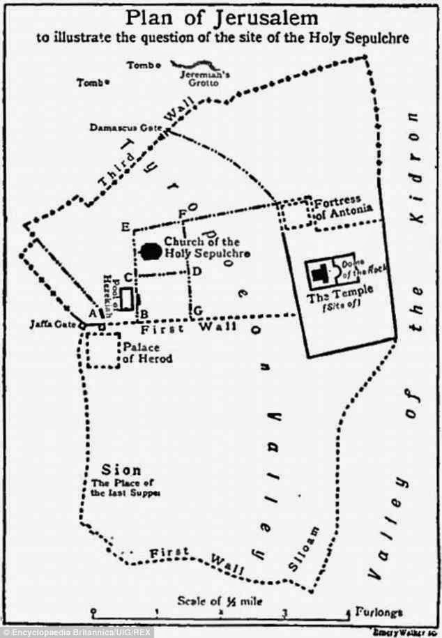 Plano de Jerusalém no tempo de Jesus. O palácio de Herodes aparece à esquerda junto à Porta de Jaffa. Mapa de uma enciclopédia de 1911