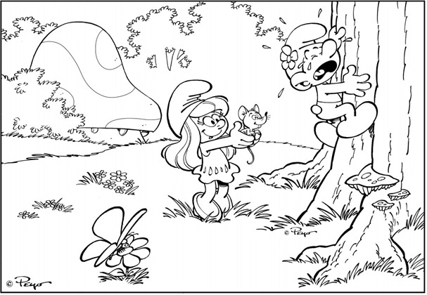 Desenho Para Colorir os Smurfs na floresta para pintar e colorir