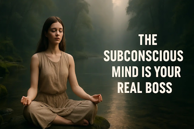 A young woman meditates peacefully in nature with bold text overlay: “THE SUBCONSCIOUS MIND IS YOUR REAL BOSS” — concept of subconscious mind.