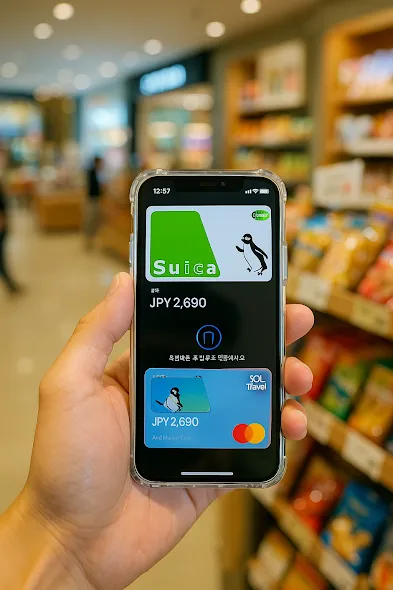 Suica 카드가 켜진 스마트폰을 들고 마트에서 결제하려는 장면