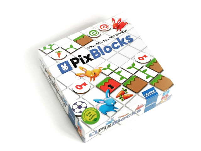 pudełko gry pixblocks z ilustracjami przedstawiającymi zawartość gry, takimi jak żetony czy kroliki