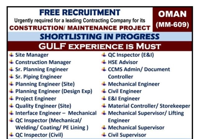 Free recruitment to Oman - Construction/Maintenance Project