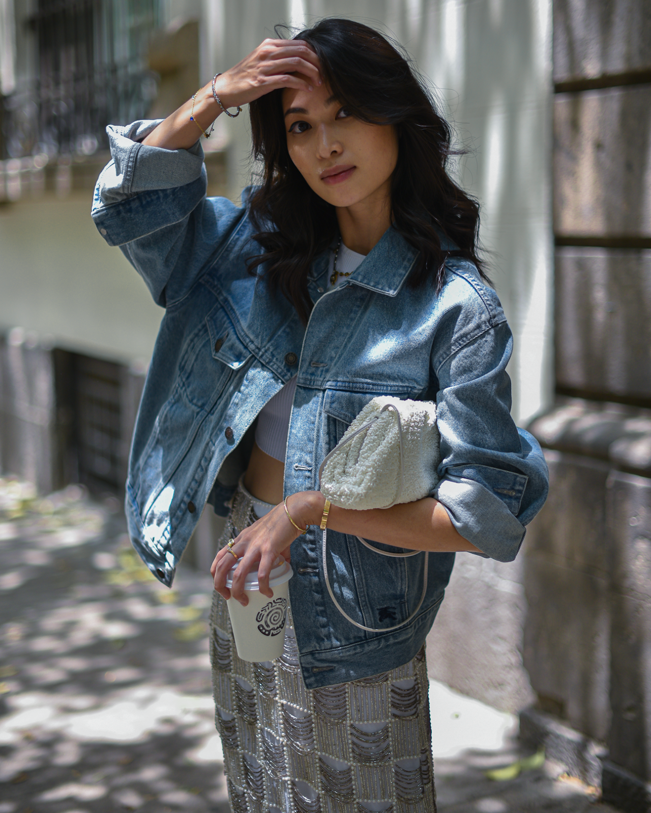 Denim jacket and beaded skirt outfit idea, long skirt outfit, embellished skirt casual outfit - FOREVERVANNY.com