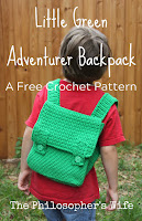 A boy in a red shirt is wearing a crocheted green backpack.  There is wooden fence in the background.  The boy's face is hidden.