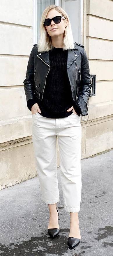 white and black outfit: biker jacket + top + pants 