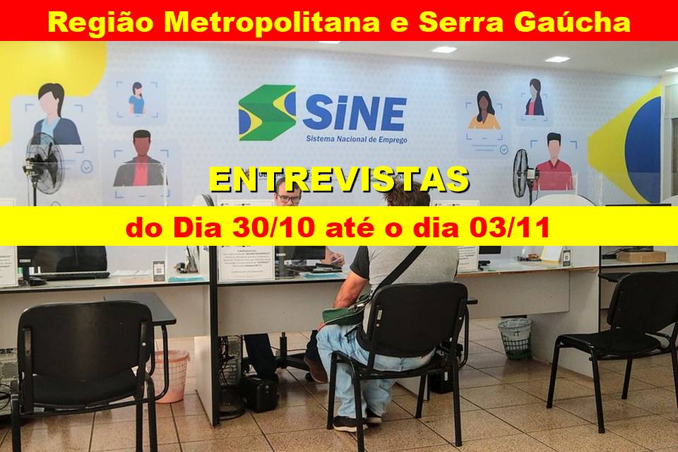 Confira entrevistas nas Agências Sine esta semana (de 30/10 à 03/11)