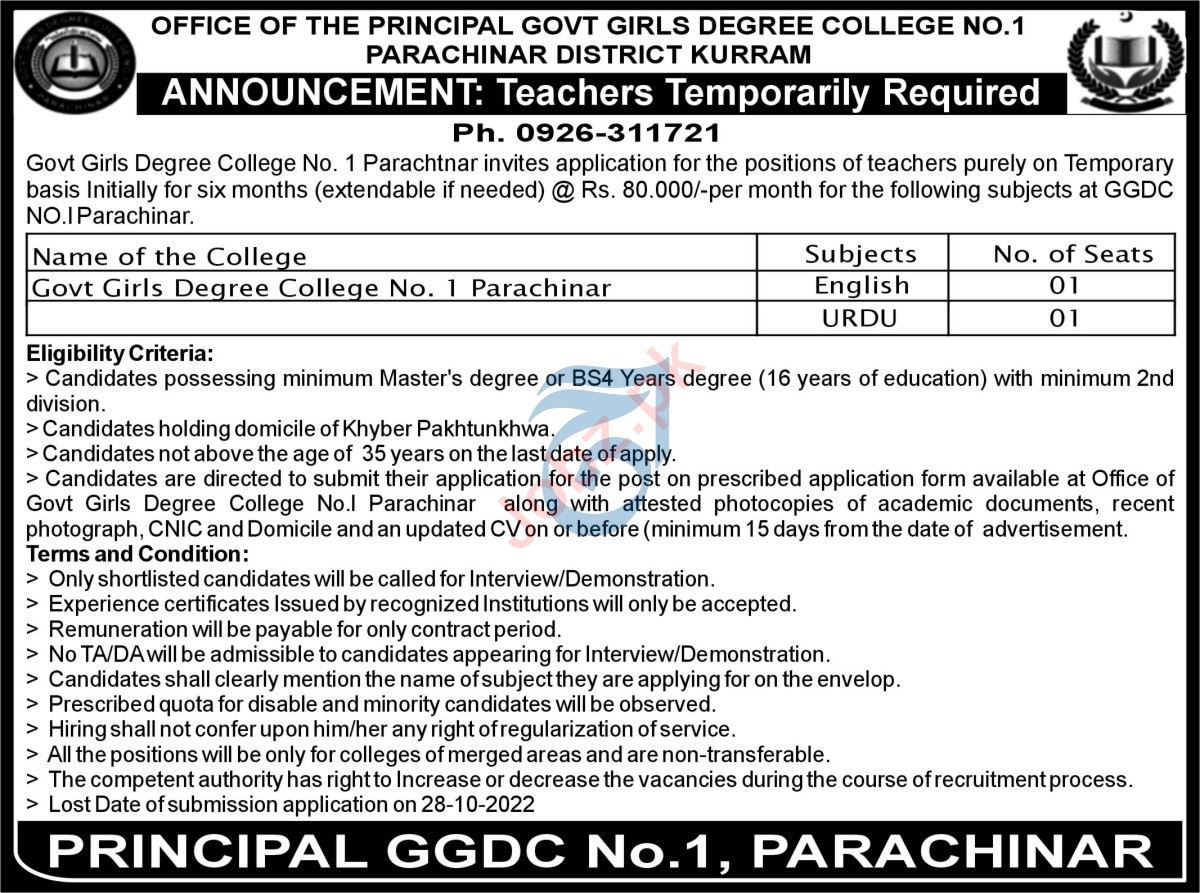 Latest Government Girls Degree College Teaching Posts Kurram 2022