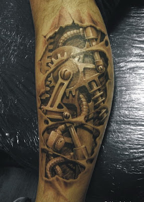3d machine tattoo design in leg