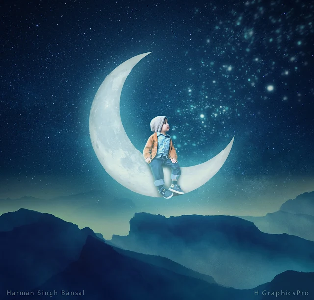 Little kid sitting on the moon