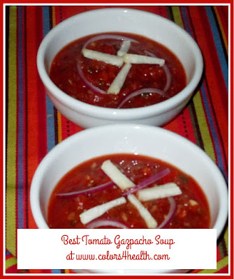 tomato gazpacho with jicama and red onion garnish