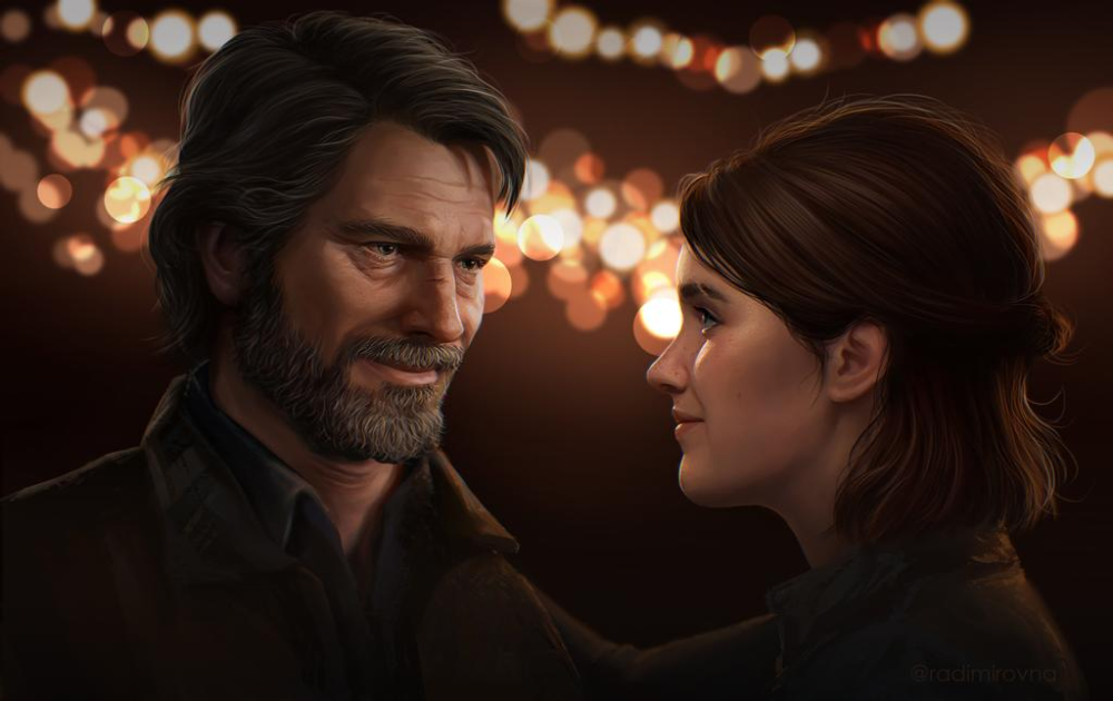 A close-up image capturing Joel and Ellie sharing a rare moment of genuine laughter amidst the bleakness, emphasizing the depth of their emotional connection