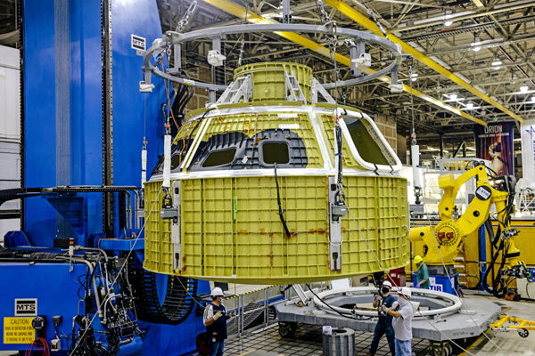 The pressure vessel for the Orion spacecraft that will fly on the Artemis 3 mission is completed at NASA's Michoud Assembly Facility in New Orleans, Louisiana...as of August 27, 2021.