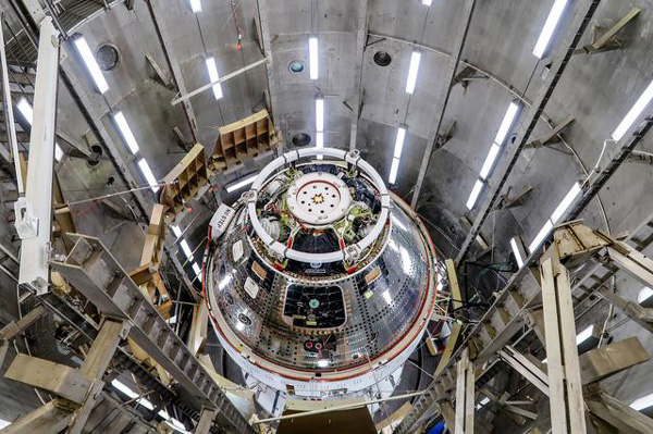 Inside the Operations and Checkout Building's west altitude chamber at NASA's Kennedy Space Center in Florida, the Orion capsule for Artemis 2 is about to undergo electromagnetic interference and compatibility testing...on April 10, 2024.