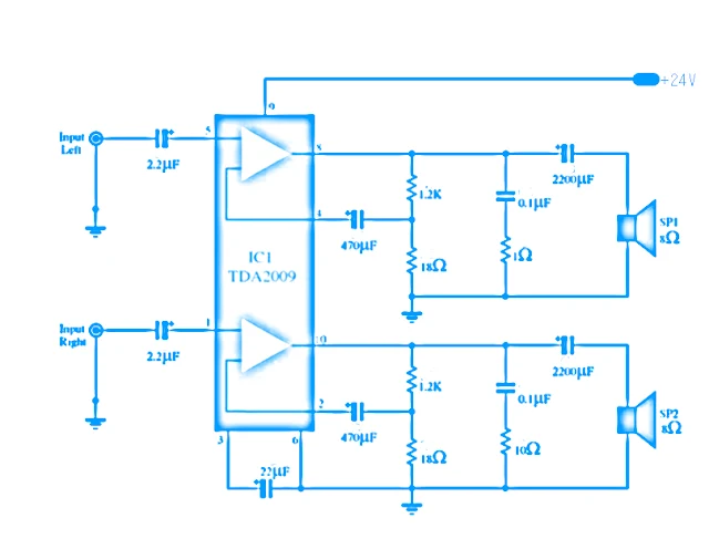 TDA2009 Stereo Hi-Fi Class AB Power Amplifier Circuit Diagram