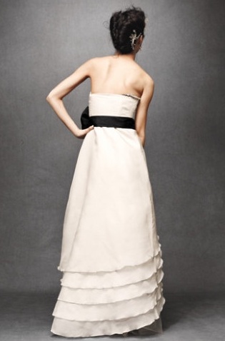 Tiered Tulip Gown Stunning long white wedding dress with a huge black bow