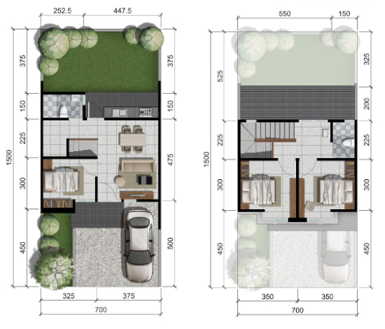 Denah rumah minimalis ukuran 7x15 meter 3 kamar tidur 2 lantai