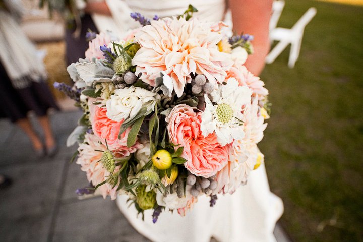 This is a very romantic bouquet with it's light pink flowers and grey leaves