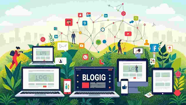 A vibrant digital landscape depicting a modern blogging ecosystem, featuring diverse devices like laptops, tablets, and smartphones displaying blogs, a network of connected users engaging through social media icons, visual symbols of content creation such as cameras, microphones, and notepads, lush greenery representing growth and creativity, and an abstract skyline in the background symbolizing innovation and technology.