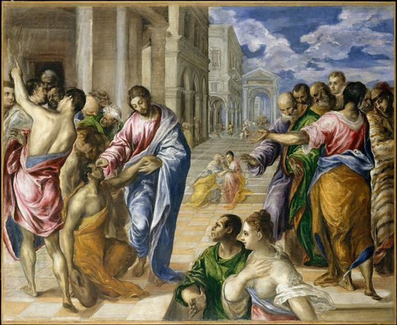 quadro Cristo cura o cego de nascença - El Greco. O quadro mostra Cristo curando o cego e muitos homens conversando ao lado. O quadro mostra um leve tom azulado