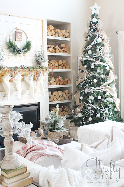 Farmhouse Christmas decor and decorating ideas. Neutral Christmas decor. Living room Christmas decor. White and burlap Christmas tree. Christmas cottage decor