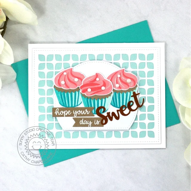 Sunny Studio Stamps: Scrumptious Cupcakes Card by Cathy Chapdelaine (featuring Frilly Frame Dies, Stitched Semi-Circle Dies)