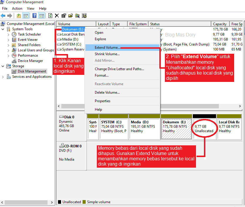 Extend volume unallocated disk yang sudah dihapus ke local disk yang diinginkan, Blog Mas Dory