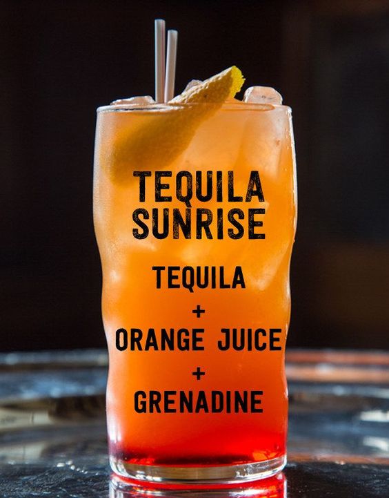 Tequila Sunrise: Tequila, Orange Juice, Grenadine. 17 Three-Ingredient Cocktails You Should Know How To Make via @buzzfeedfood
