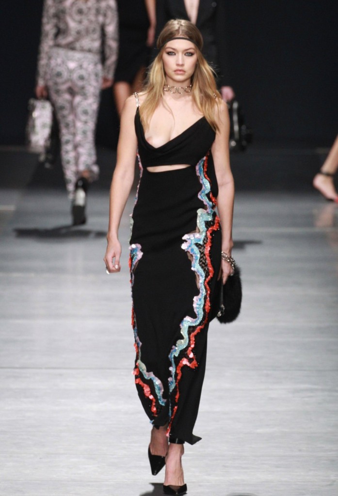 Gigi Hadid Nipless Out at Versace Fashion Show in Milan