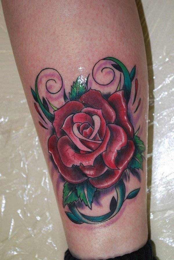 Cute Red rose and green leaves, flower tattoo design idea for the male's leg