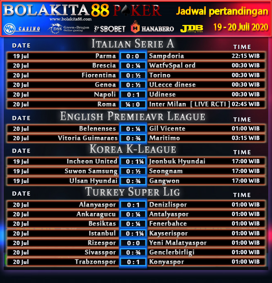 Jadwal Pertandingan Sepak Bola 19 - 20 Juli 2020 | BolaKita 88