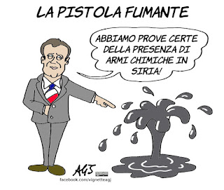 macron, siria, trump, may, gas, armi chimiche, petrolio, vignetta, satira