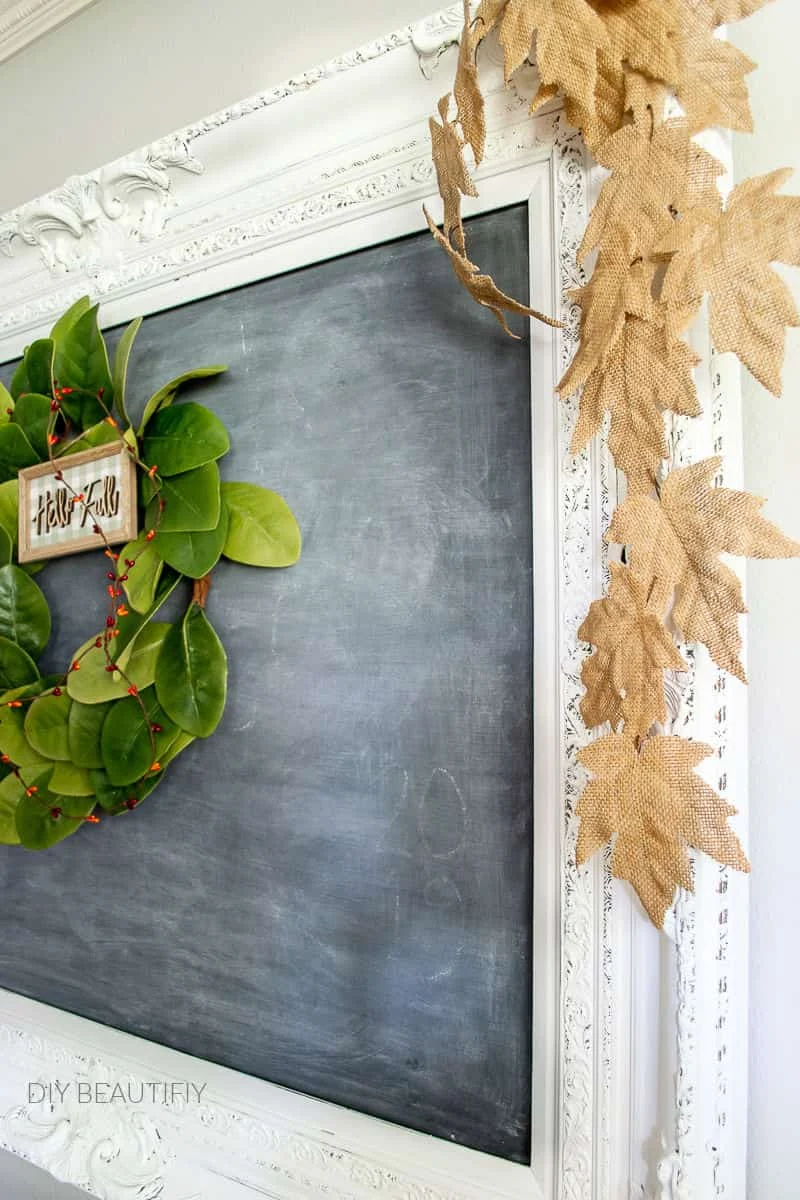 white chalkboard, wreath, burlap leaf swag