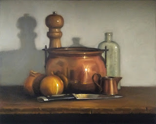 Still life oil painting of a copper pot, a knife, two onions, a small copper jug, a pepper grinder and an antique bottle.