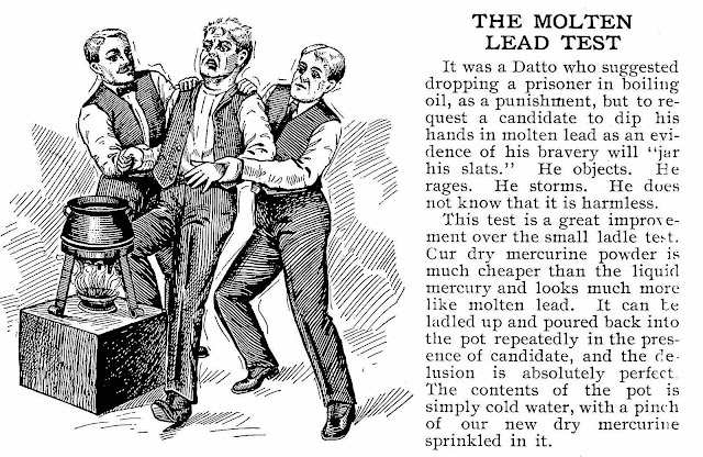 from a sales catalog of 1908 Fraternity Prank Supplies, mercurine powder on water has the appearance of molten lead