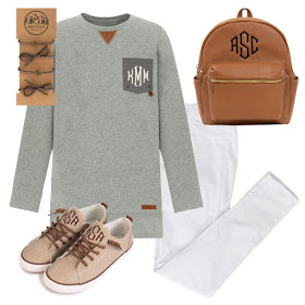 monogram sweatshirt with mini backpack and sneakers