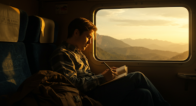 Man Writing in a Journal While Looking at the Sunset on a Train